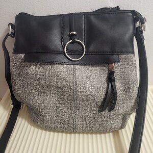 Grey Textured & Black Faux Leather O-Ring Crossbody Purse